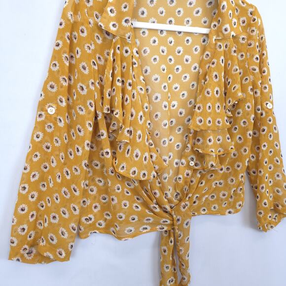 Countess Blouse Womens Medium Ditsy Daisy Floral Tie Front Sheer Ruffle Top - Picture 12 of 12